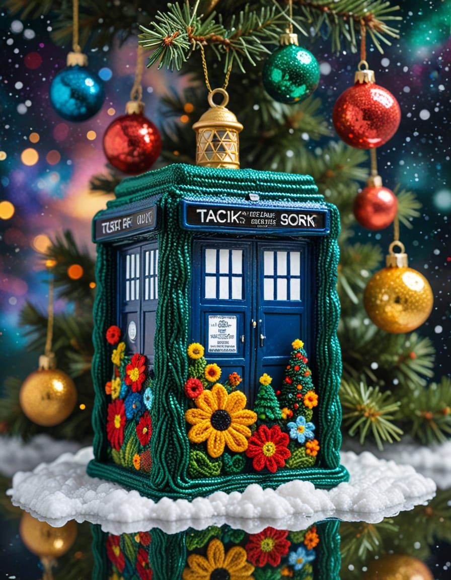 Klimt Crochet Tardis Made of Liquid Rainbow Flowers