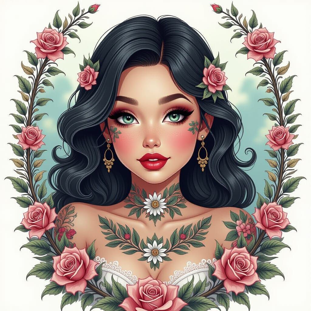 Tattooed Pinup Girl With Ethereal Roses in Charcoal Drawing ...