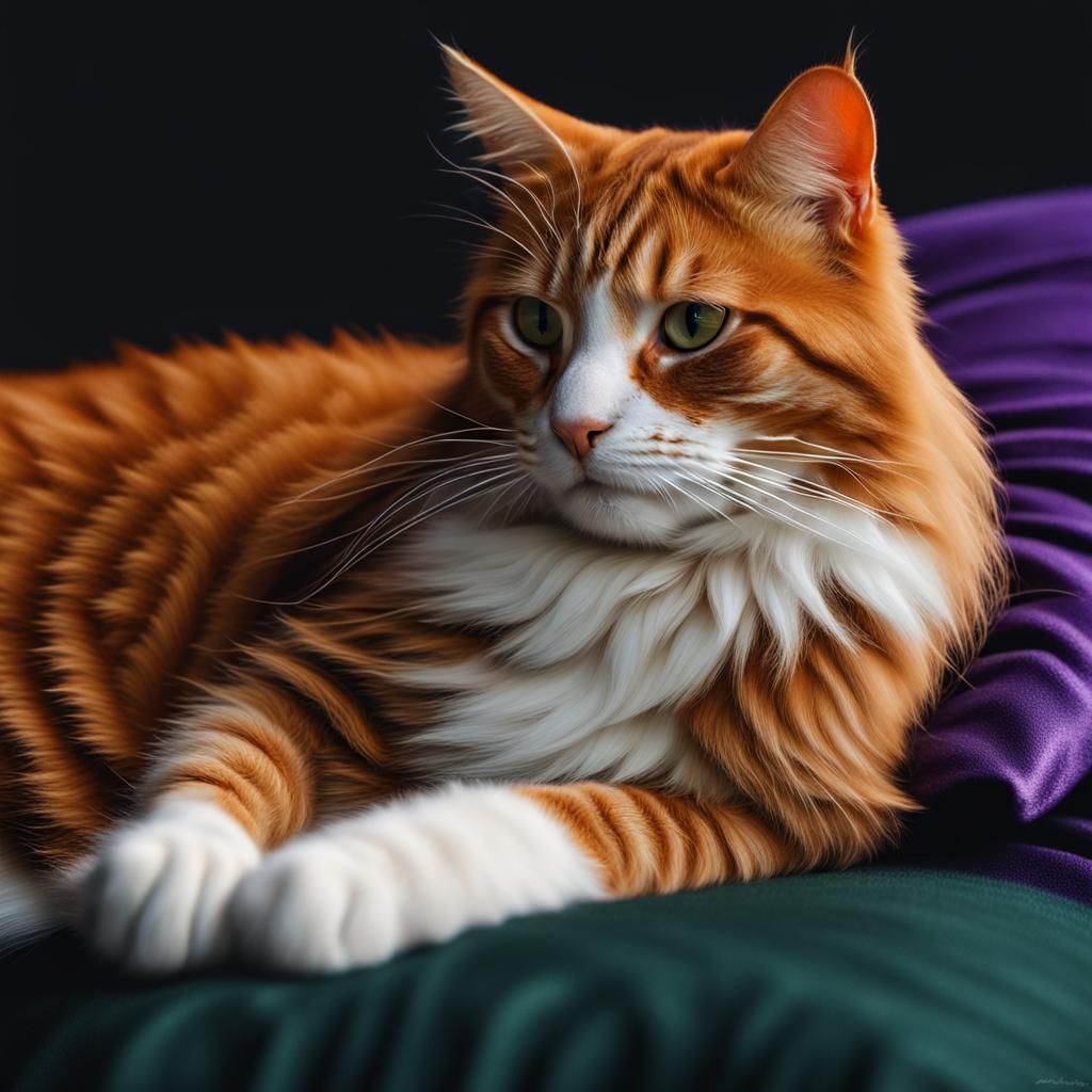 Orange Tabby Cat Resting on Purple Pillow