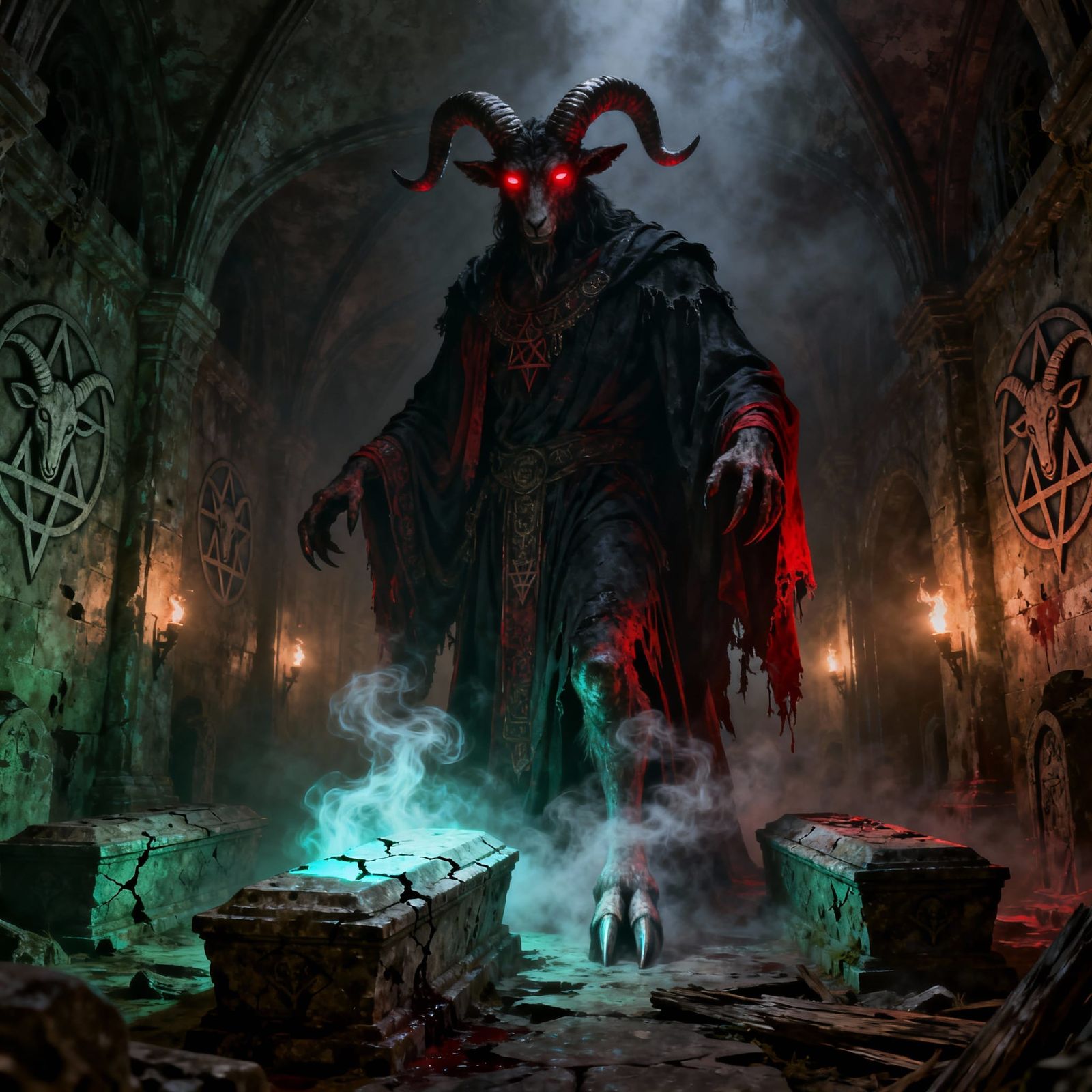 Giant Baphomet in Macabre Crypt, Dark Fantasy Style
