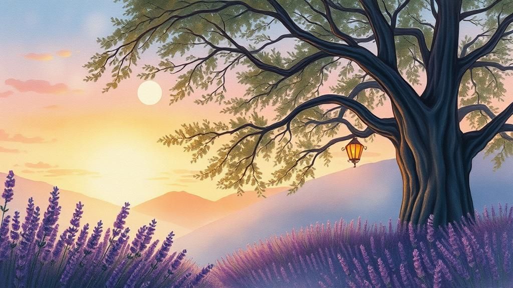 Twilight Lavender Trees in Watercolor Gouache Style