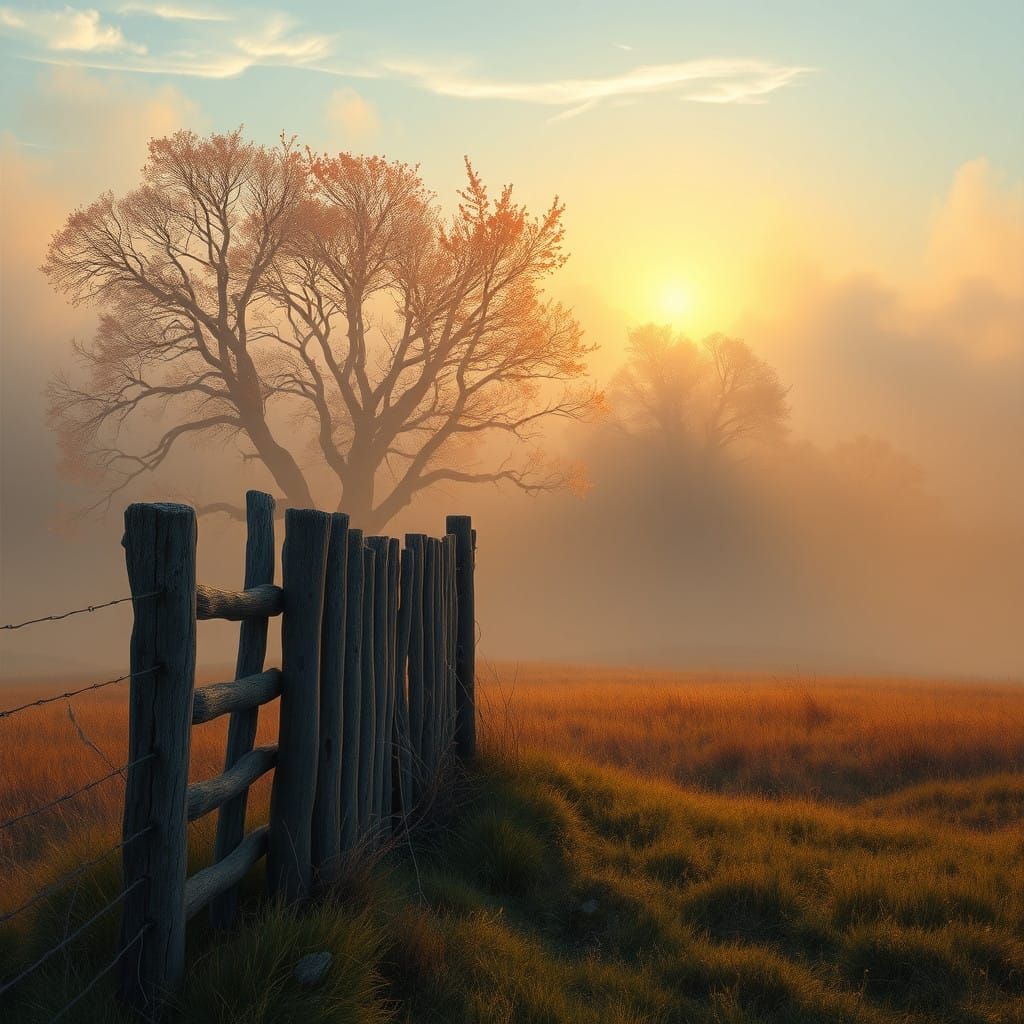 Weathered Fence in Golden Sea Fog at Dawn
