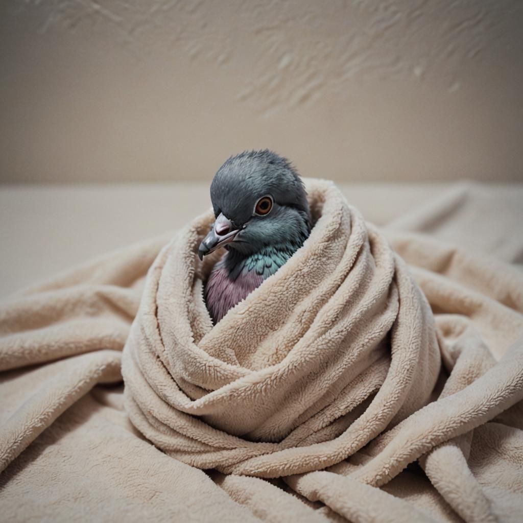 Cute Pigeon in Towel: Cinematic Film Still