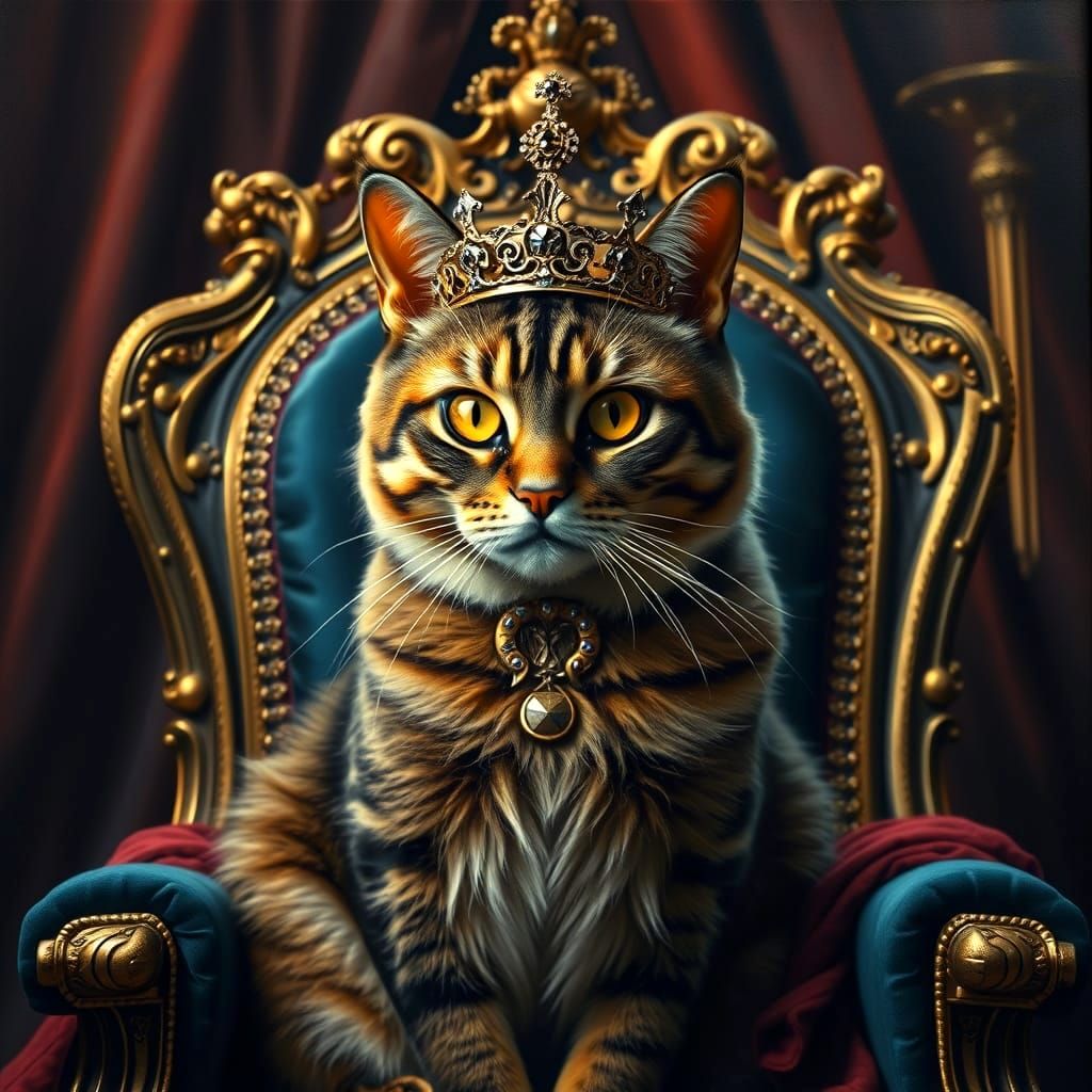 Regal Cat on Throne in Baroque Oil Painting
