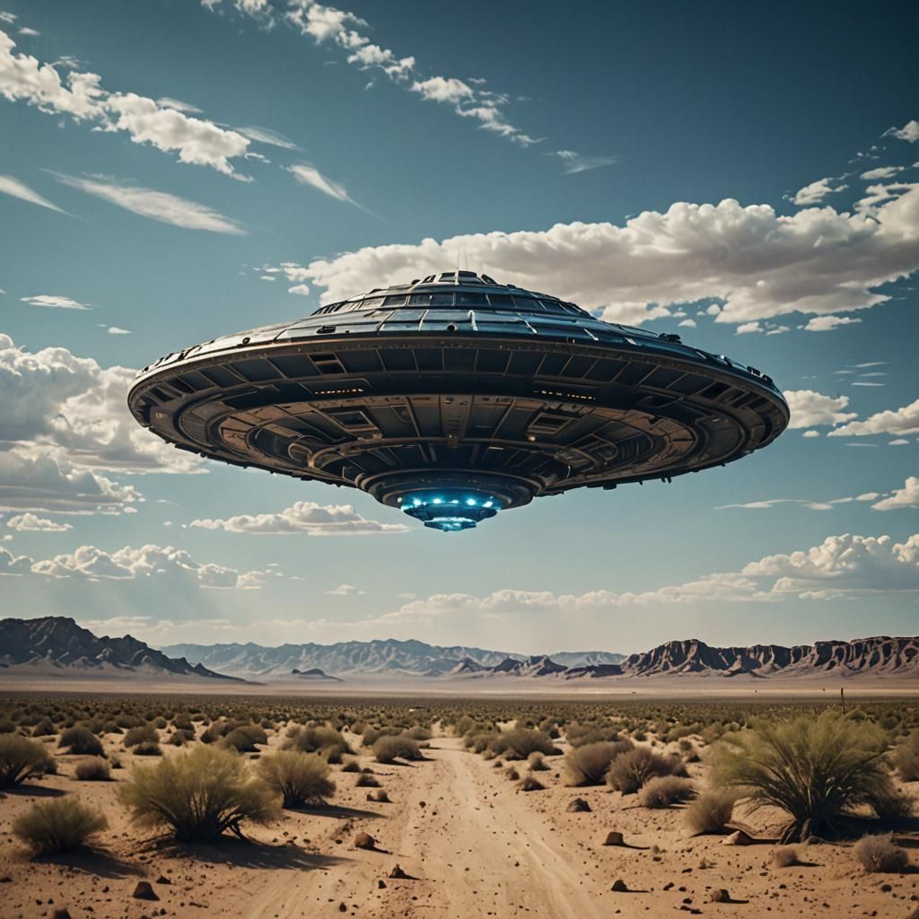 Dramatic UFO Mothership Landing in Desert Landscape