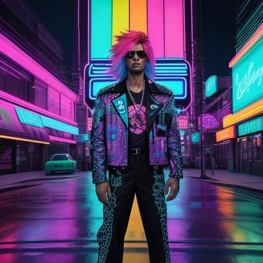 Synthwave Man with Neon Leopard Print and Feathers