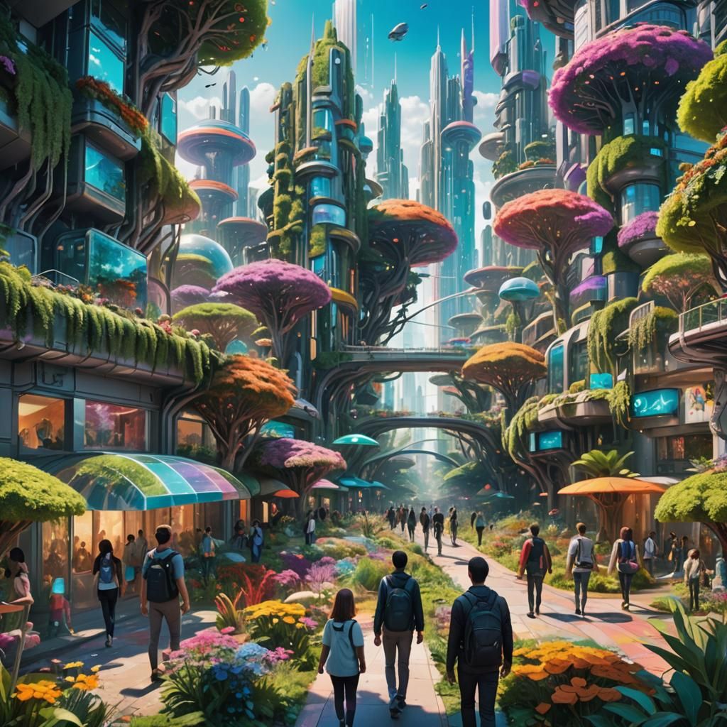 Lush Holographic Garden City in Eco-Futuristic Style
