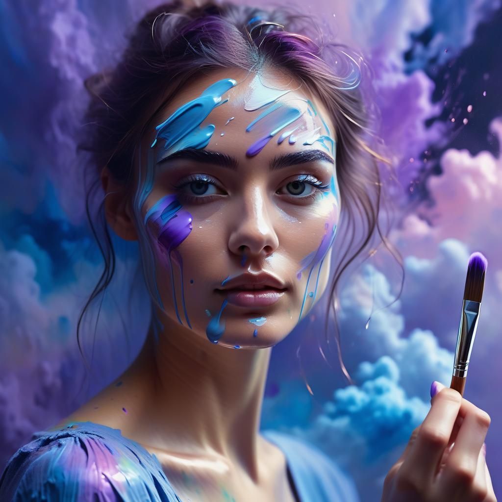 Ethereal Impressionistic Portrait of Woman with Paintbrush