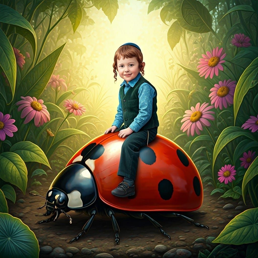 Whimsical Hasidic Boy Rides on a Giant Ladybug in an Enchant...