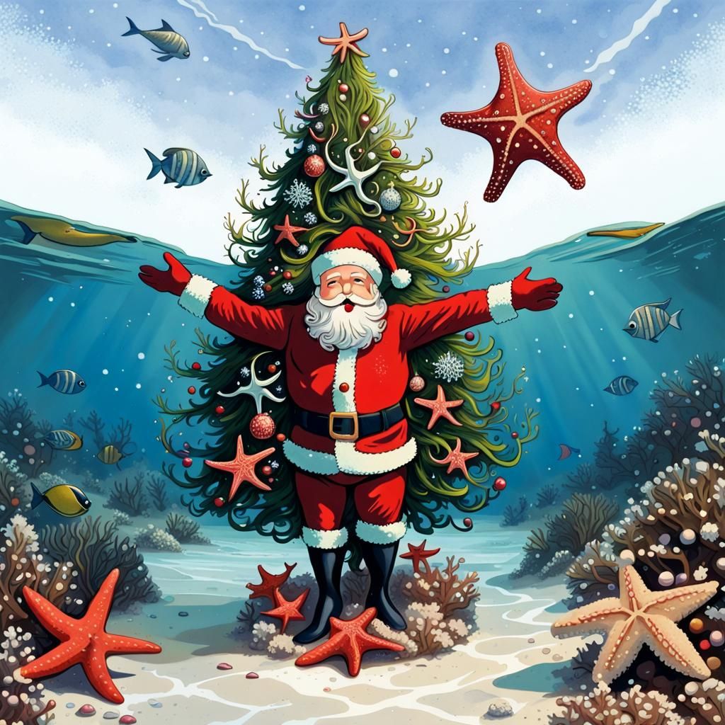 Snorkeling Santa with Starfish in Storybook Style