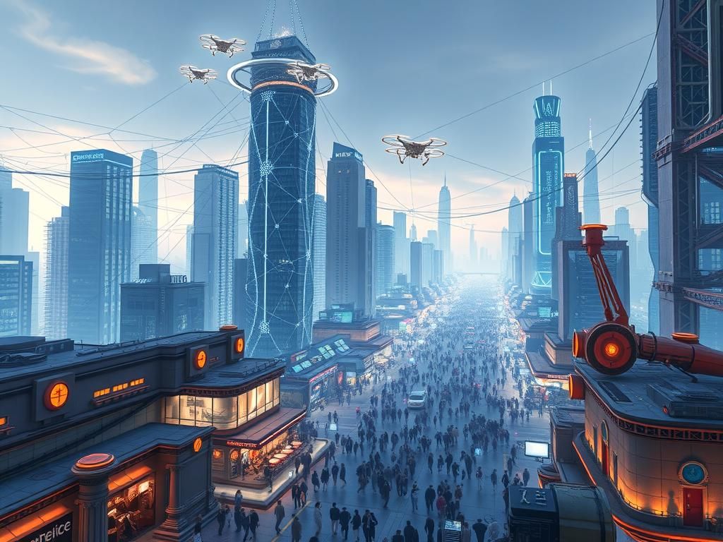 Futuristic Neural Network City with Glowing Data Streams