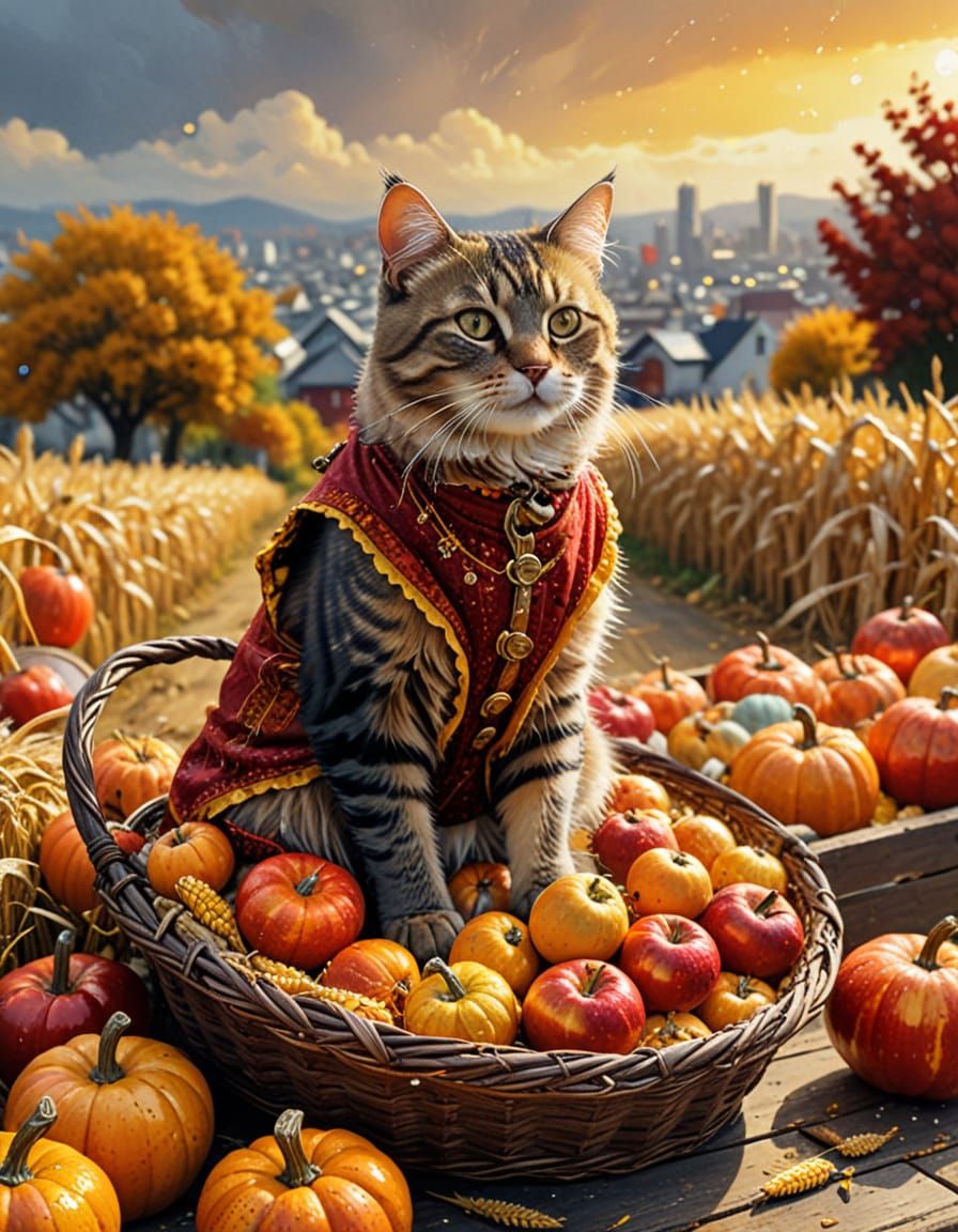 Steampunk Cat in Rainbow Dress Amidst Autumn Harvest