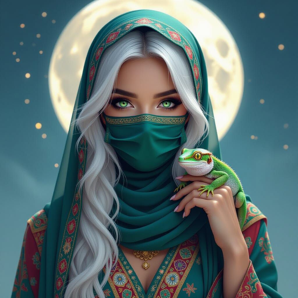 Mystical Lady with Gecko in Cyberpunk Style