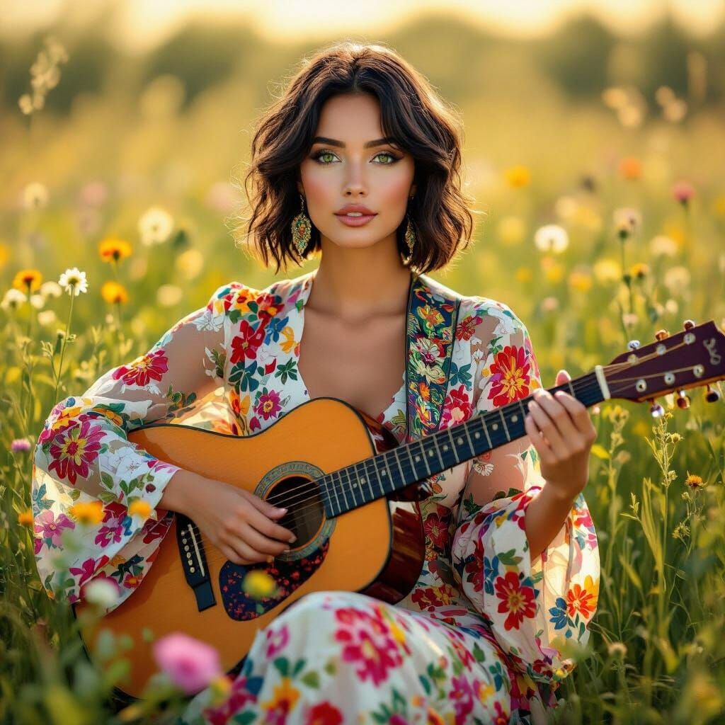 Latina Woman Plays Guitar in Klimt-Inspired Meadow