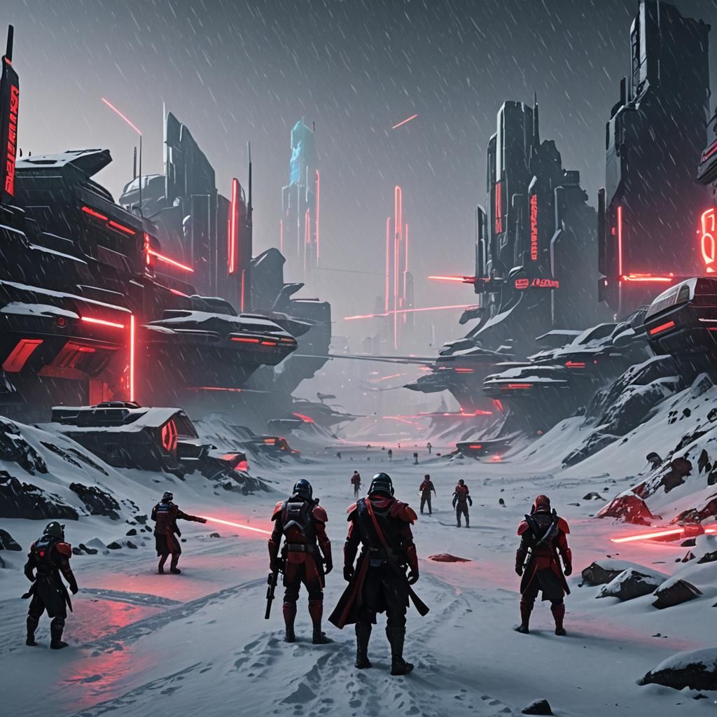 Cyberpunk Sith Warrior in Neon Snowscape