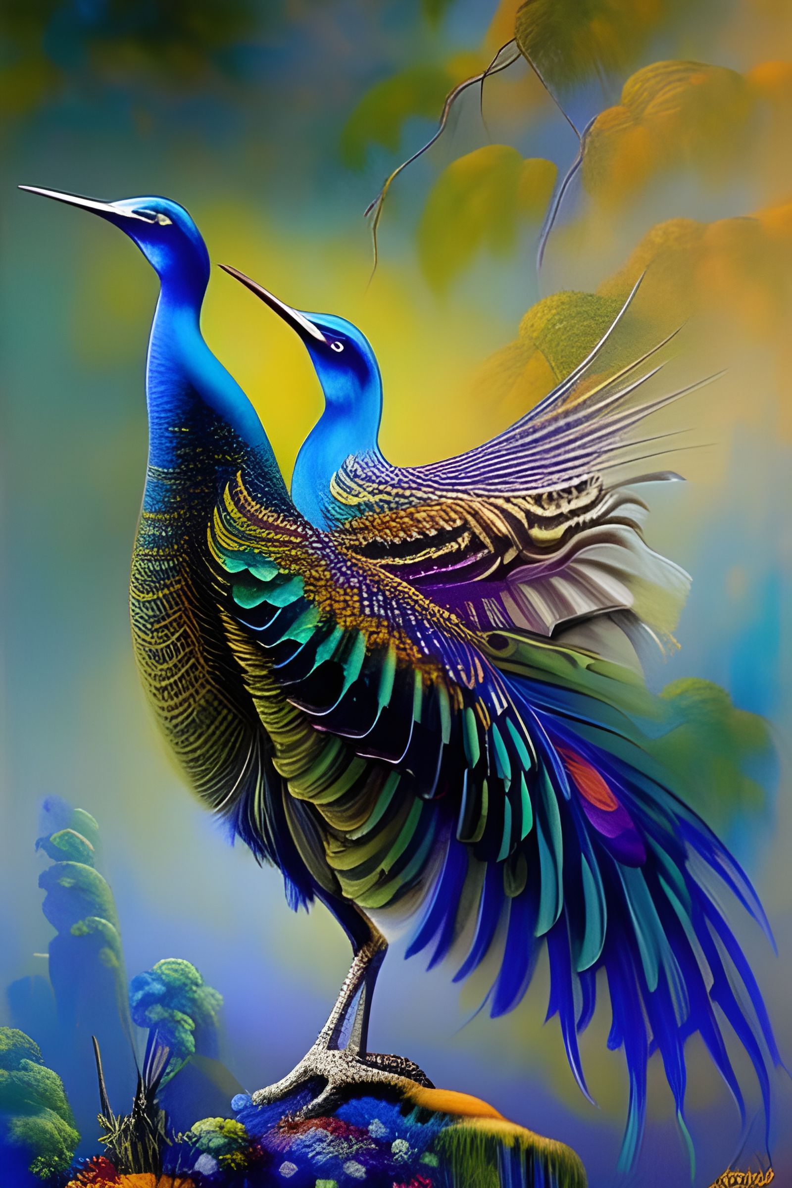 Peacock Shimmers in Surrealist Oil Painting