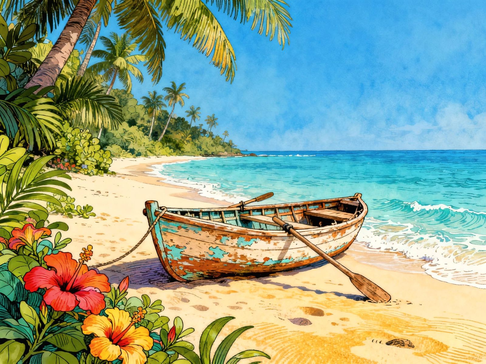 Worn Rowboat on Tropical Island Beach