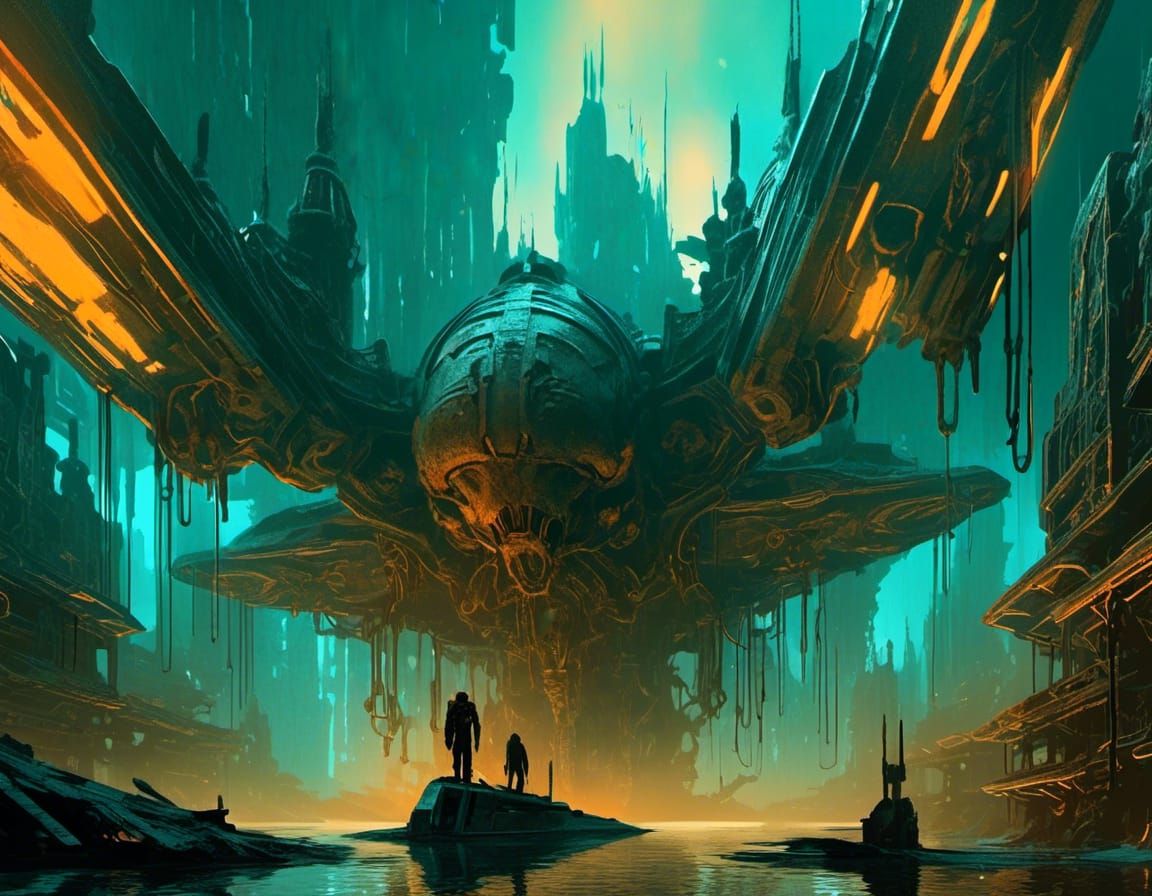 Cyberpunk Satyr in Giger Style with Spaceship Wrecks