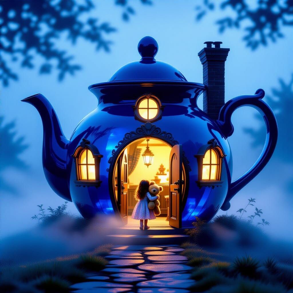 Girl in Sapphire Teapot House at Night
