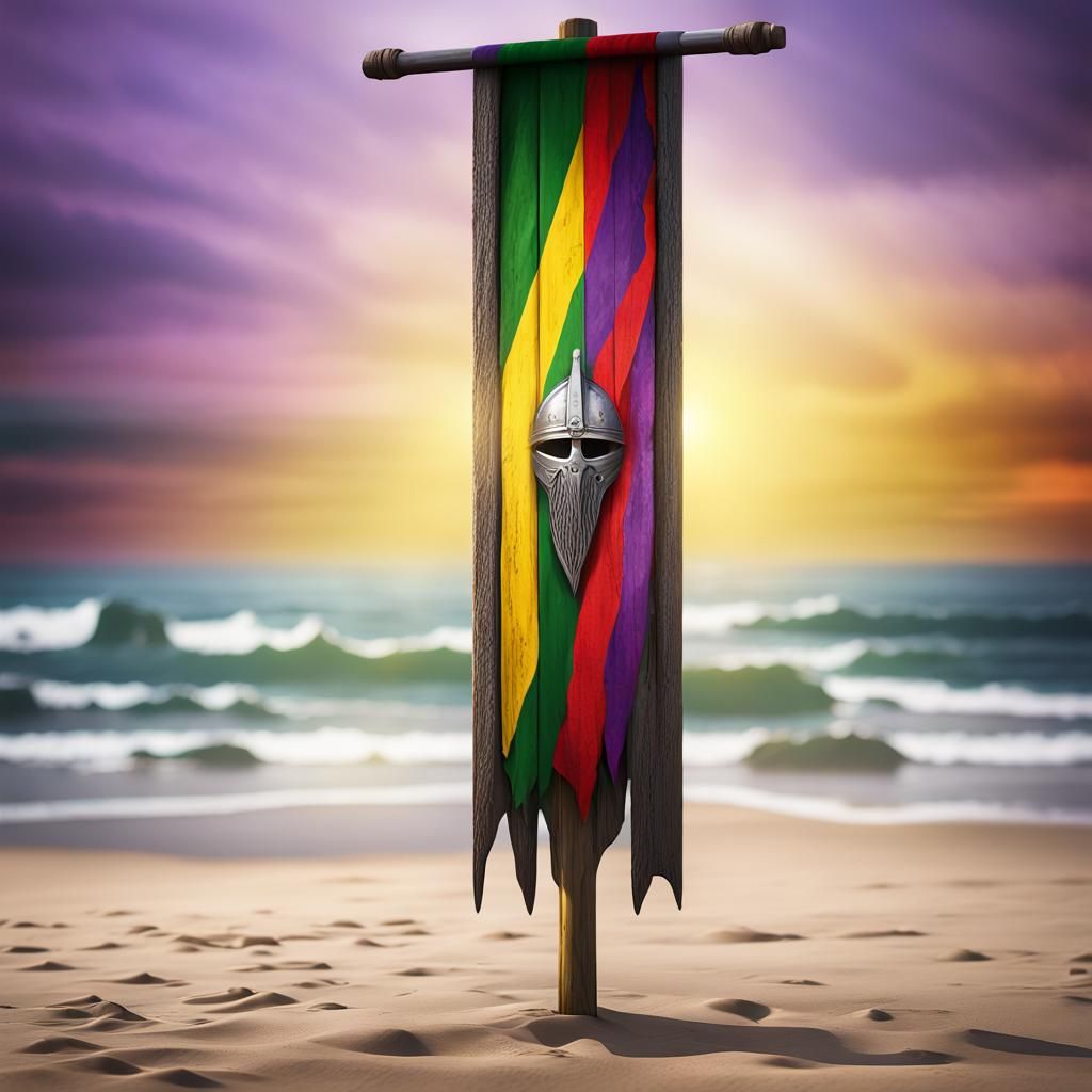Colorful Flag on Viking Pole, Hyperrealistic Splash Art