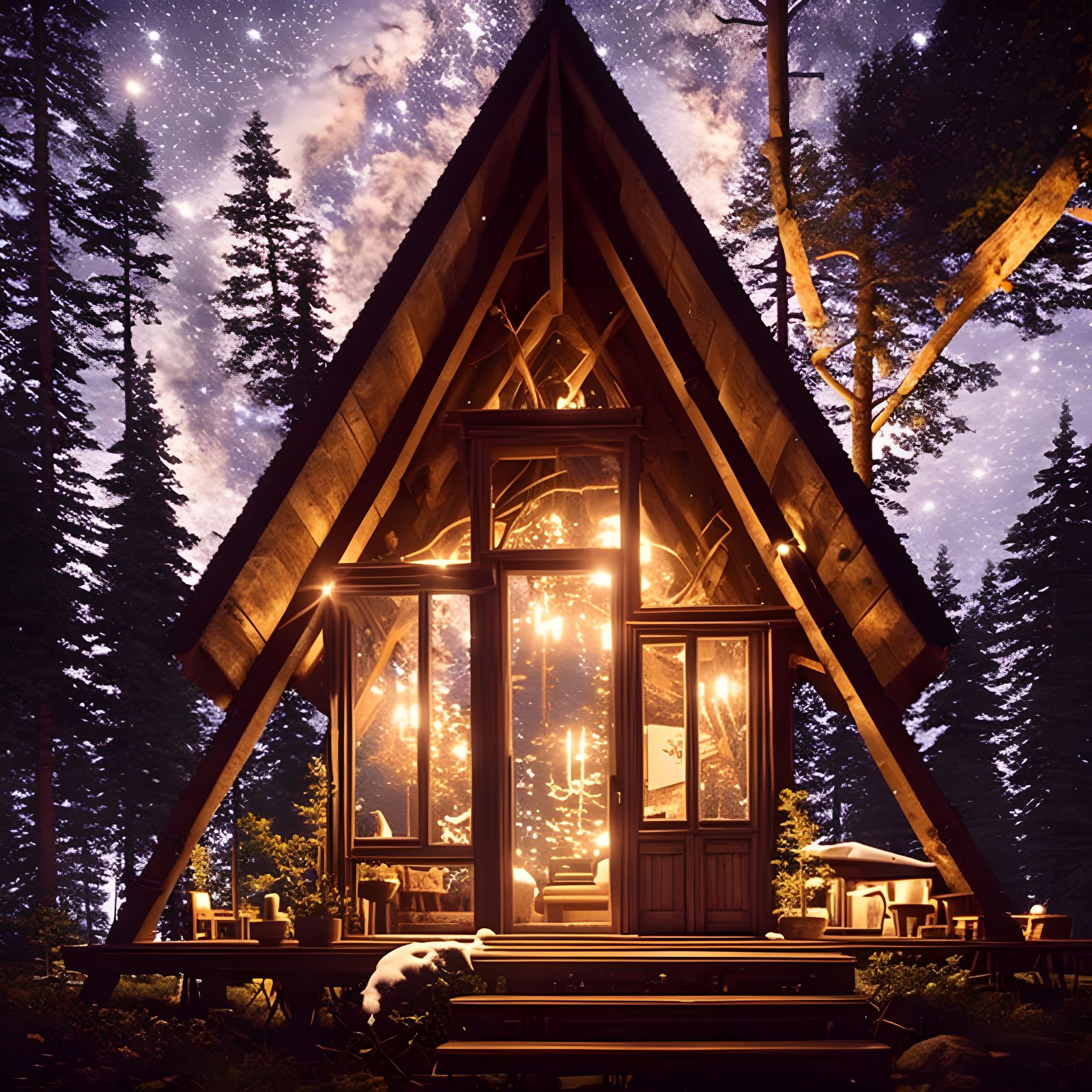 Cozy Cabin Under Starry Sky: Detailed 3D Render