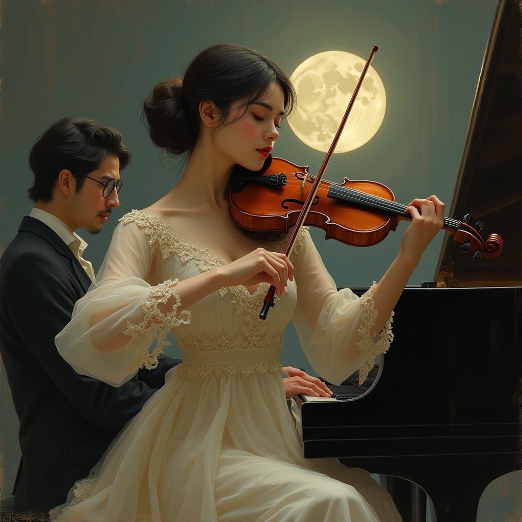 Romantic Moonlit Duo in Impressionist Style