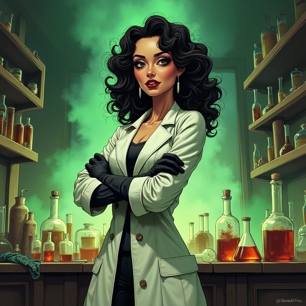 Pulp female mad scientist viilian in her laboratory with bubbling vats, classic Pulp novel cover style