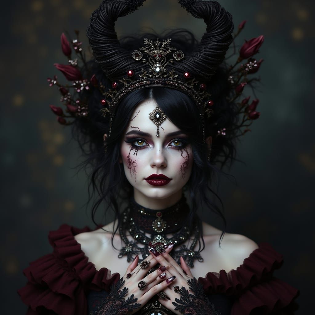 Dark Fantasy Woman with Black Crown and Burgundy Dress