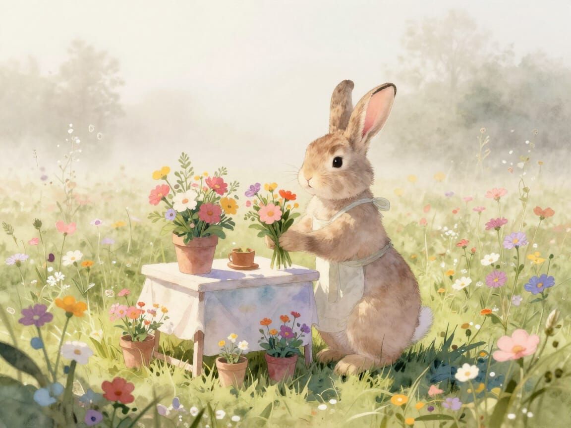 Bunny Florist Arranging Bouquets in Misty Meadow