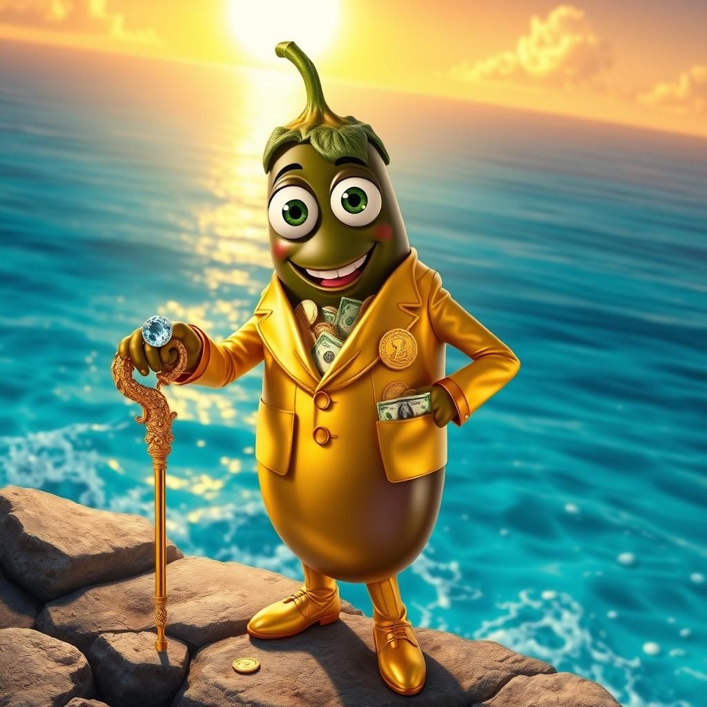 a disney pixar cartoon character, an golden eggplant humanif...
