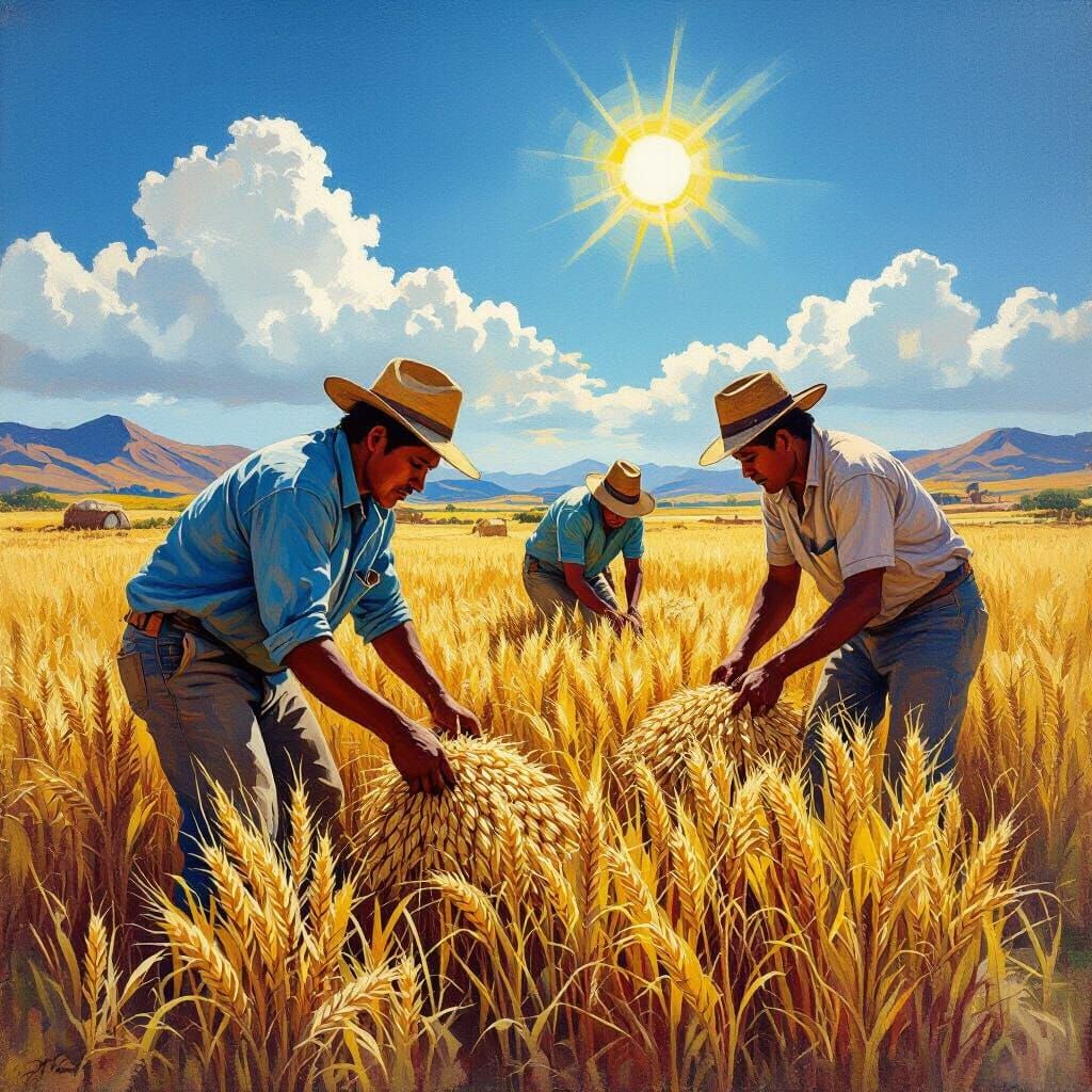 Bolivian Farmers Harvesting Quinoa in Oil Painting Style