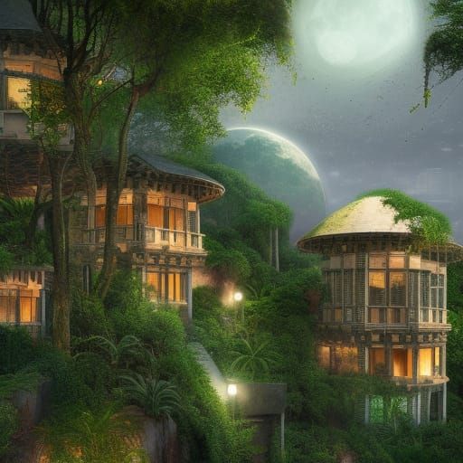 Luxury Mansion in Solarpunk Jungle Under Moonlight