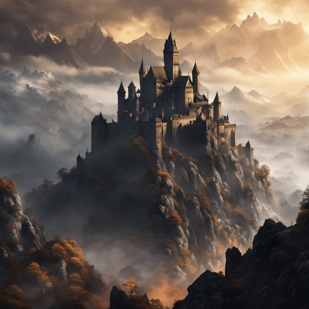 Warrior on Mountain Peak at Sunset in Dark Fantasy Style