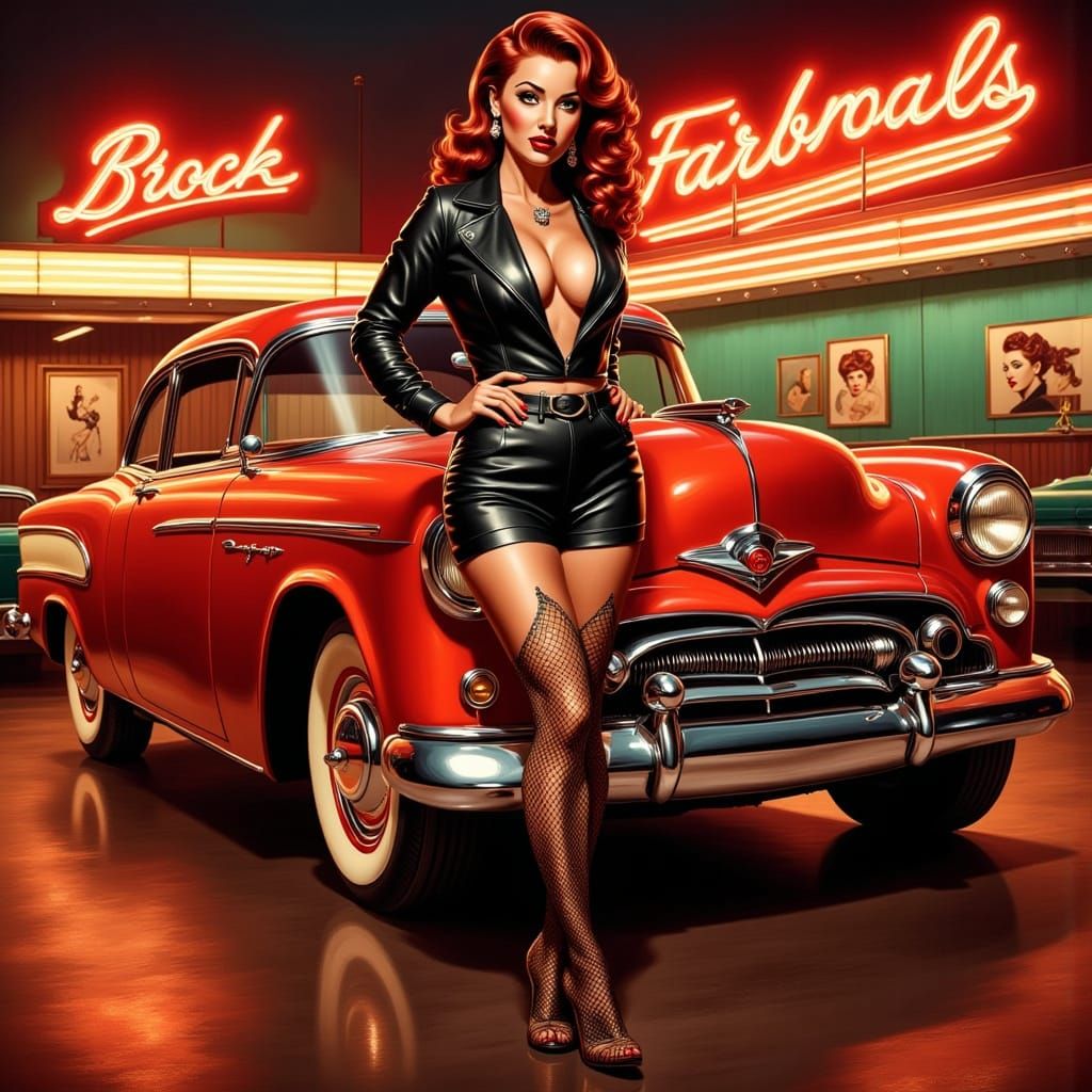 Retro Rockabilly Queen with Hot Rod in Neon Diner