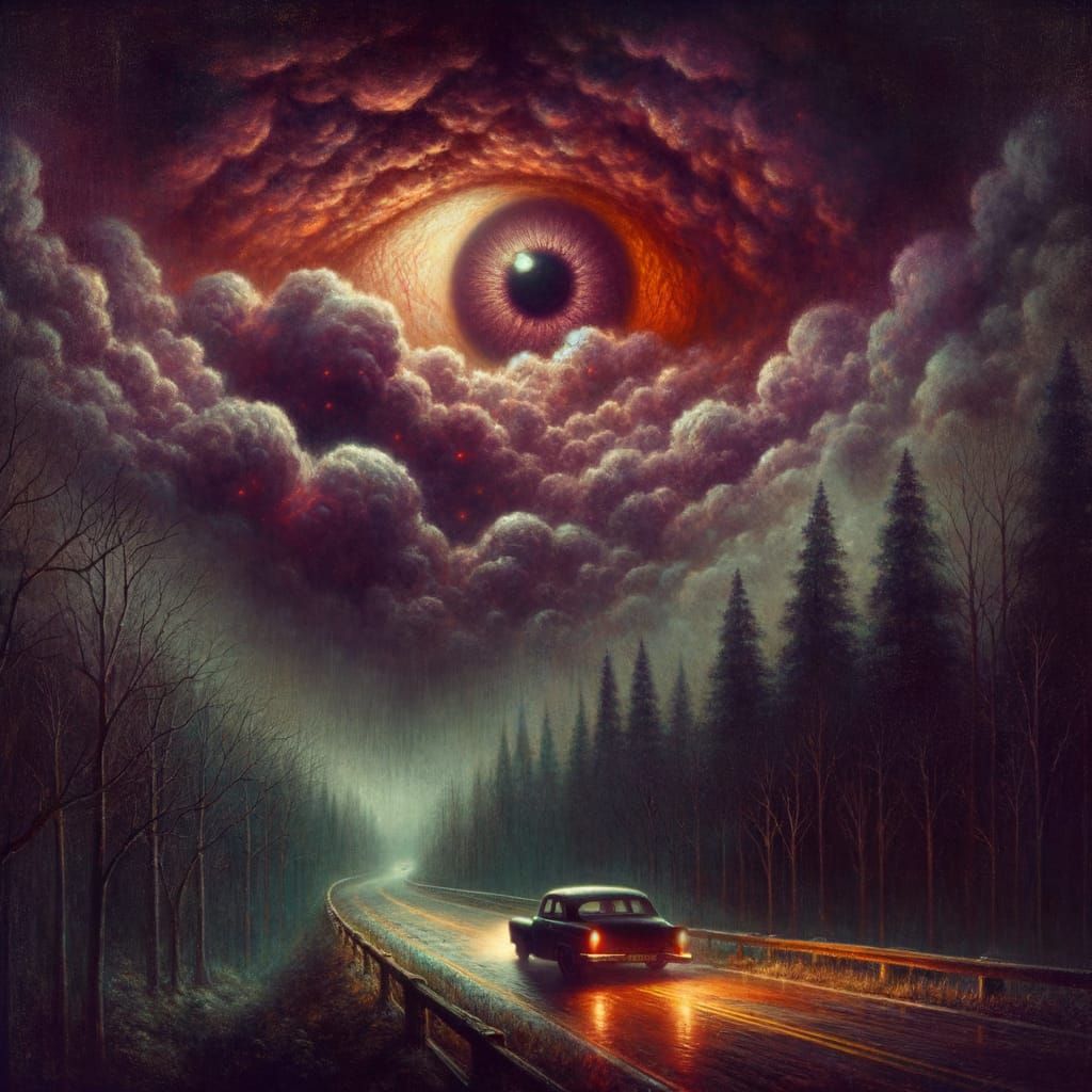 Surreal Horror: Gloomy Road Under Ominous Eye
