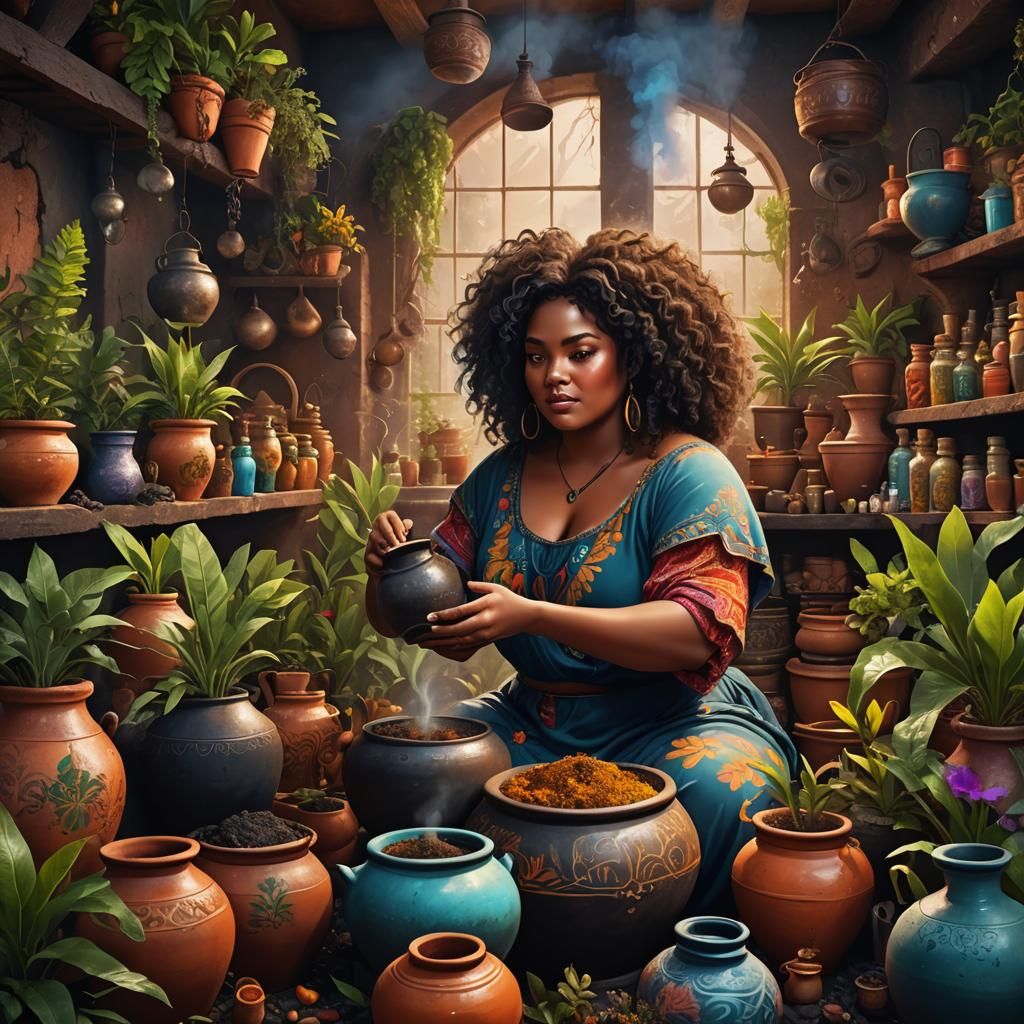 Caribbean Woman Mixes Herbal Potions with Magic