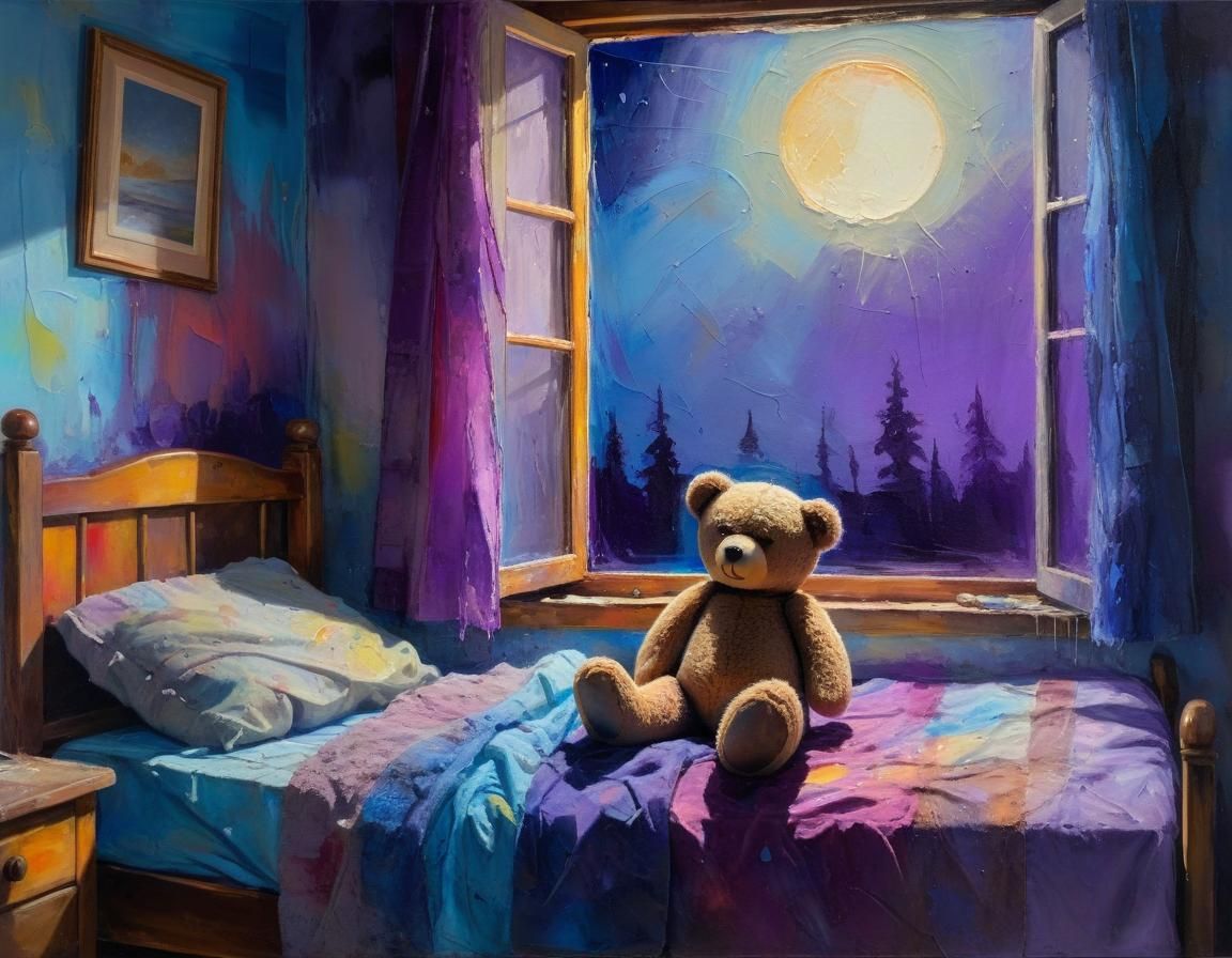 Lonely Teddy Bear Oil Painting with Moonlight