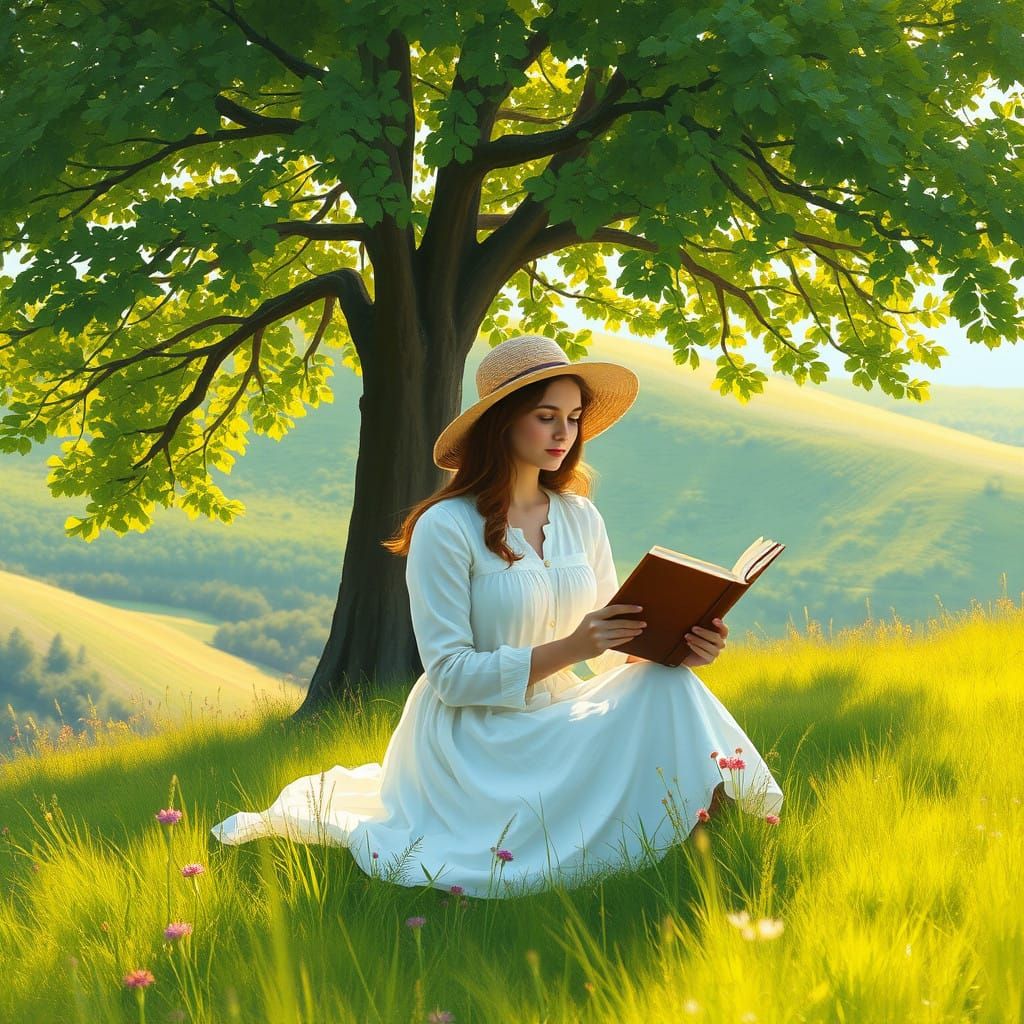 Serene Lady Reads in a Lush Garden