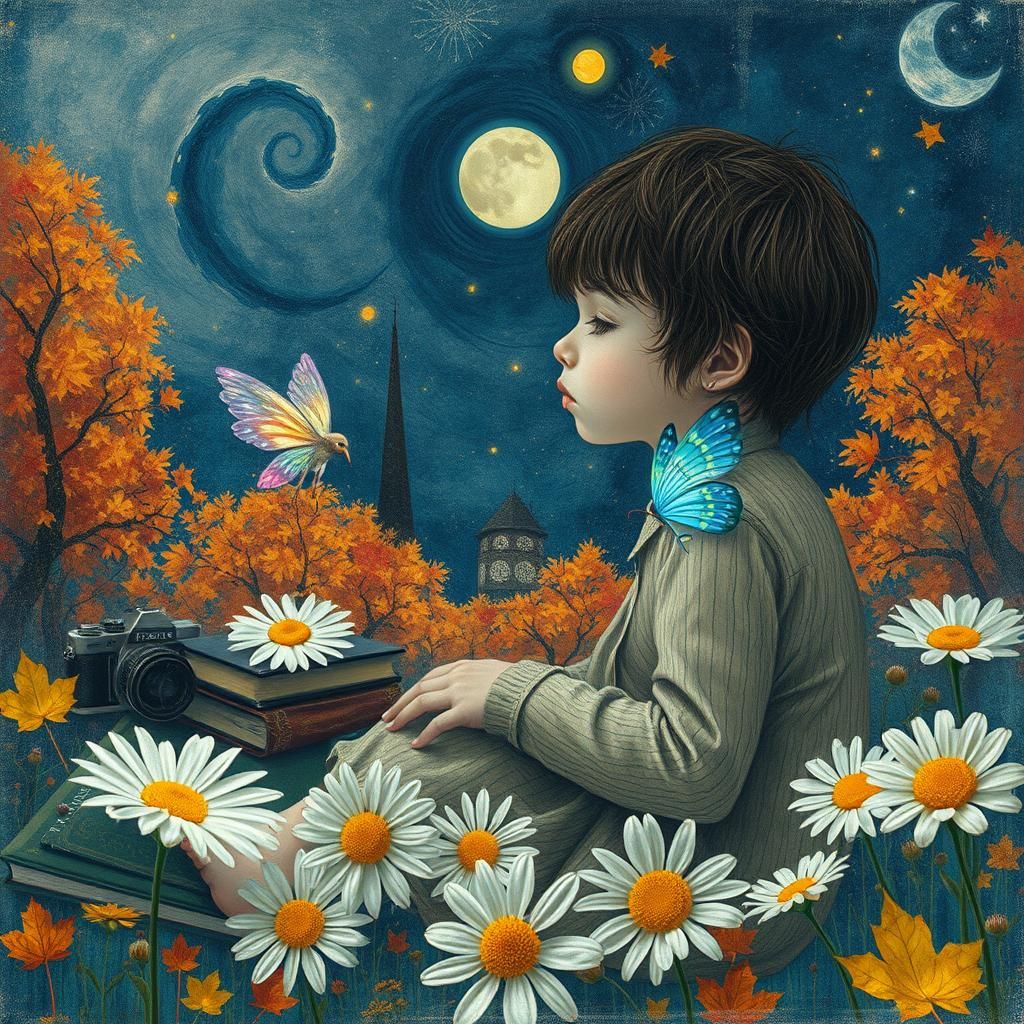 Surreal Autumn Dreamscape in Mixed Media Style