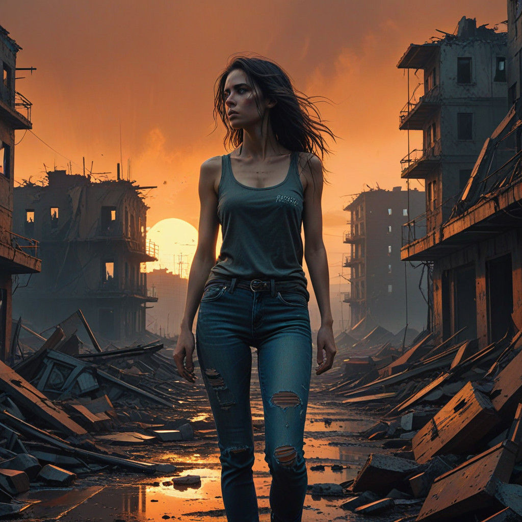 Gritty Post-Apocalyptic Woman Walks Through City Ruins