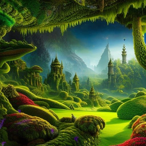 Luxurious Green Robot Moss Beast in Detailed Garden