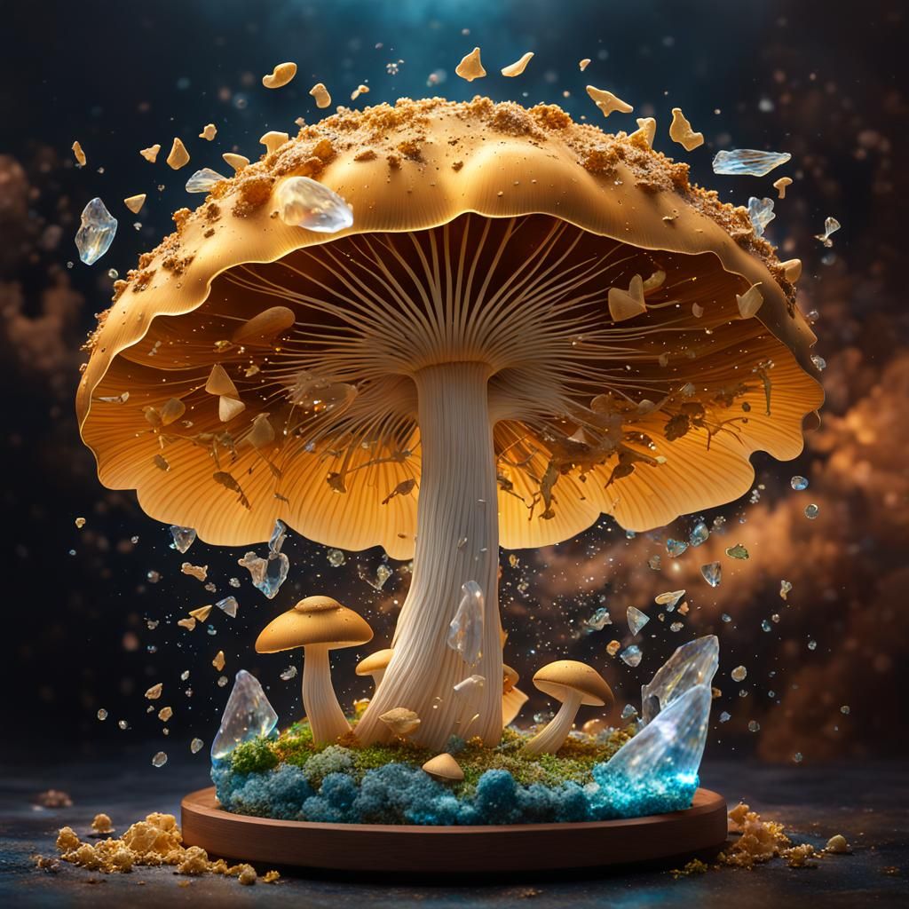Winged Golden Mushroom with Crystal Clouds