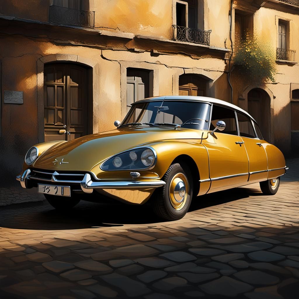 Golden Citroën DS19 in Impasto Style