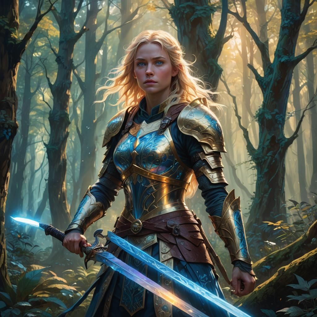 Mystical Forest Warrior with Glowing Sword