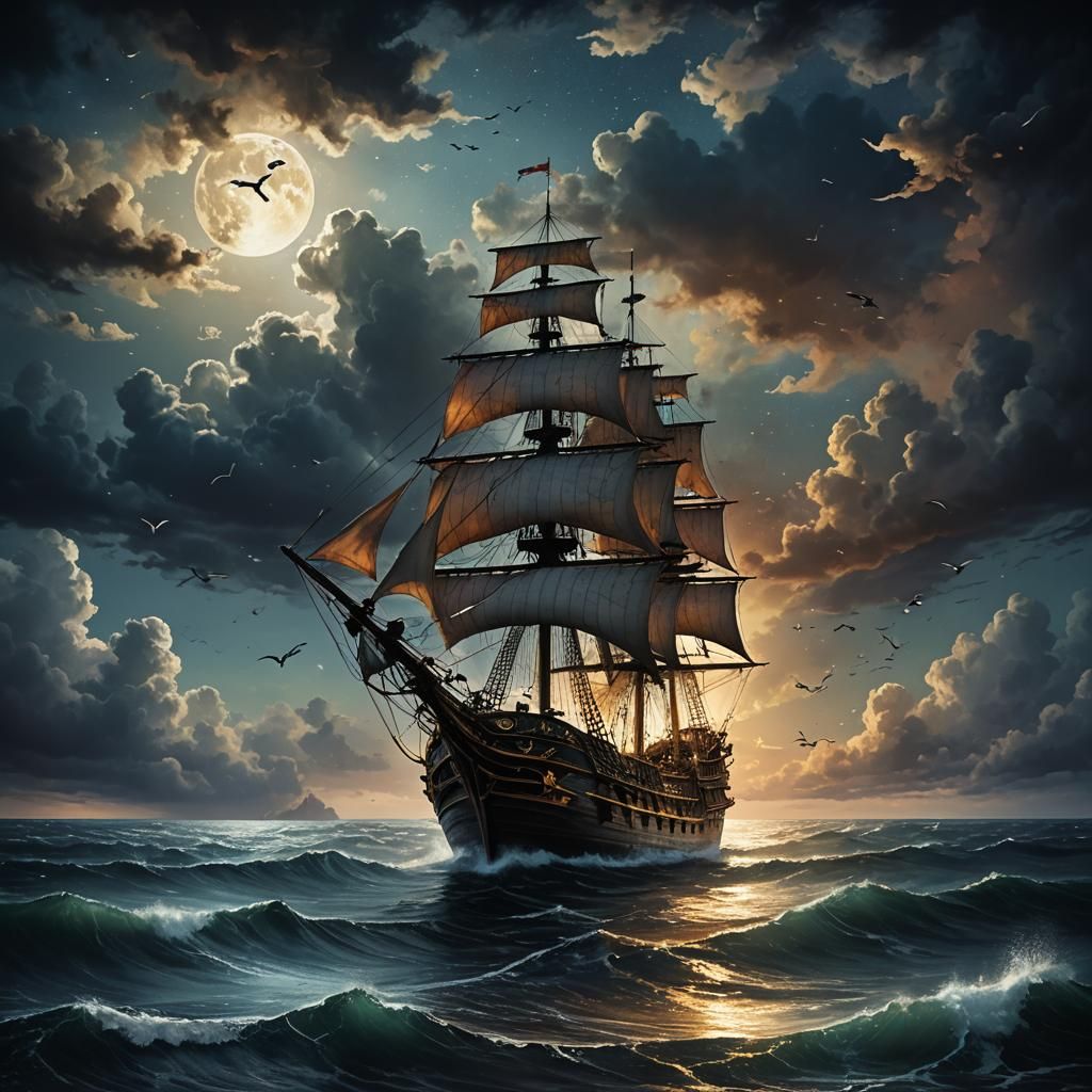 Hyperrealistic Pirate Ship Cloud Formation at Night