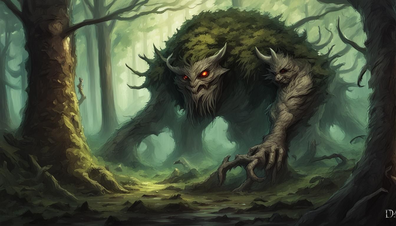 Epic Dark Fantasy Creature Emerges from Enchanted Forest