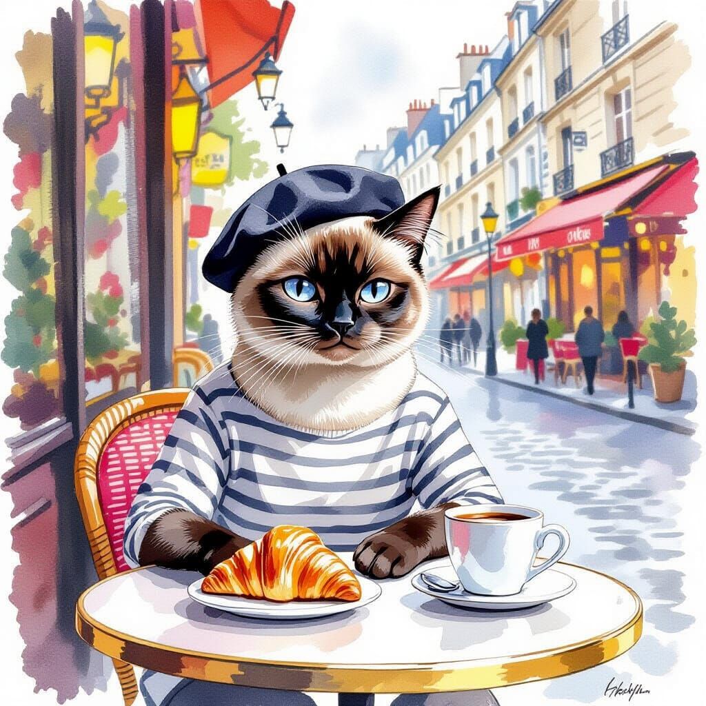 Siamese Cat in Paris Cafe Watercolor Style