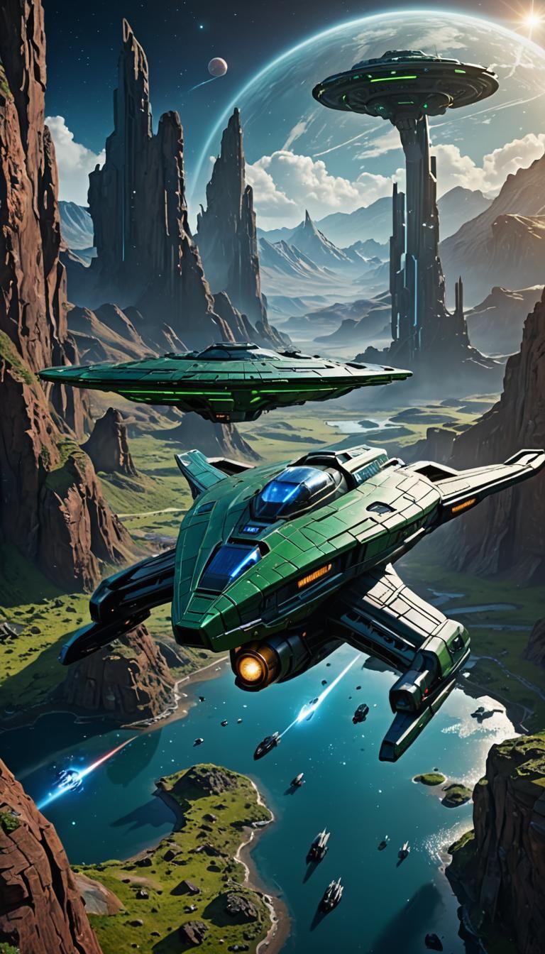 Star Trek Starship with Halo Planet, Digital Art