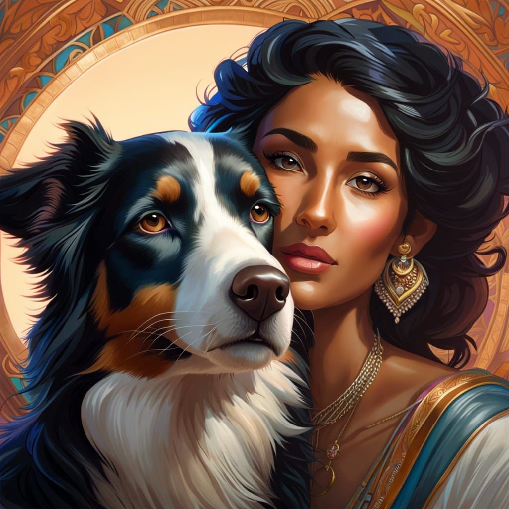 Woman and Border Collie Portrait in Artgerm Style