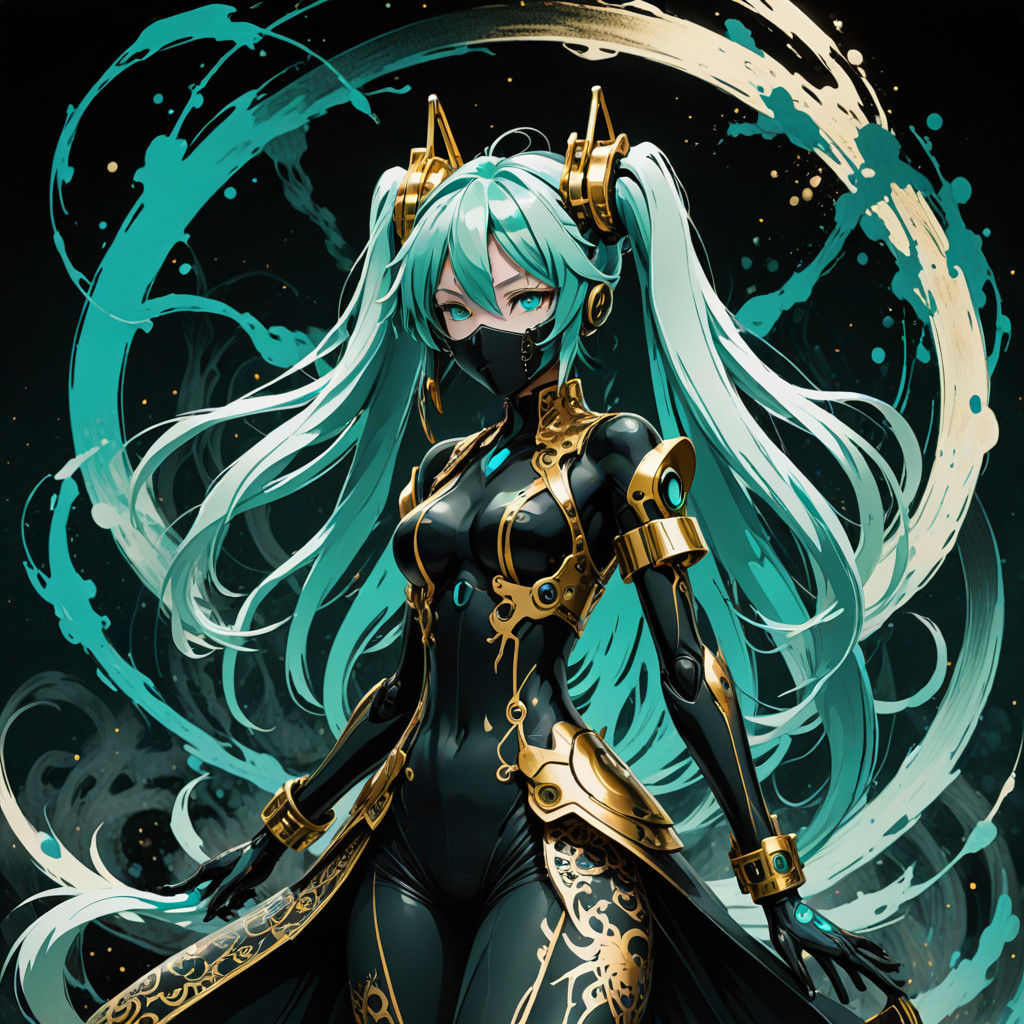 Hatsune Miku as Dark Fantasy Japanese Ink Art